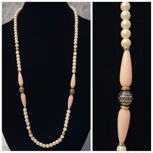VTG 60s Pink‎ Cream Faux Pearl Beaded Necklace 34" Grandmacore Coquette Flapper